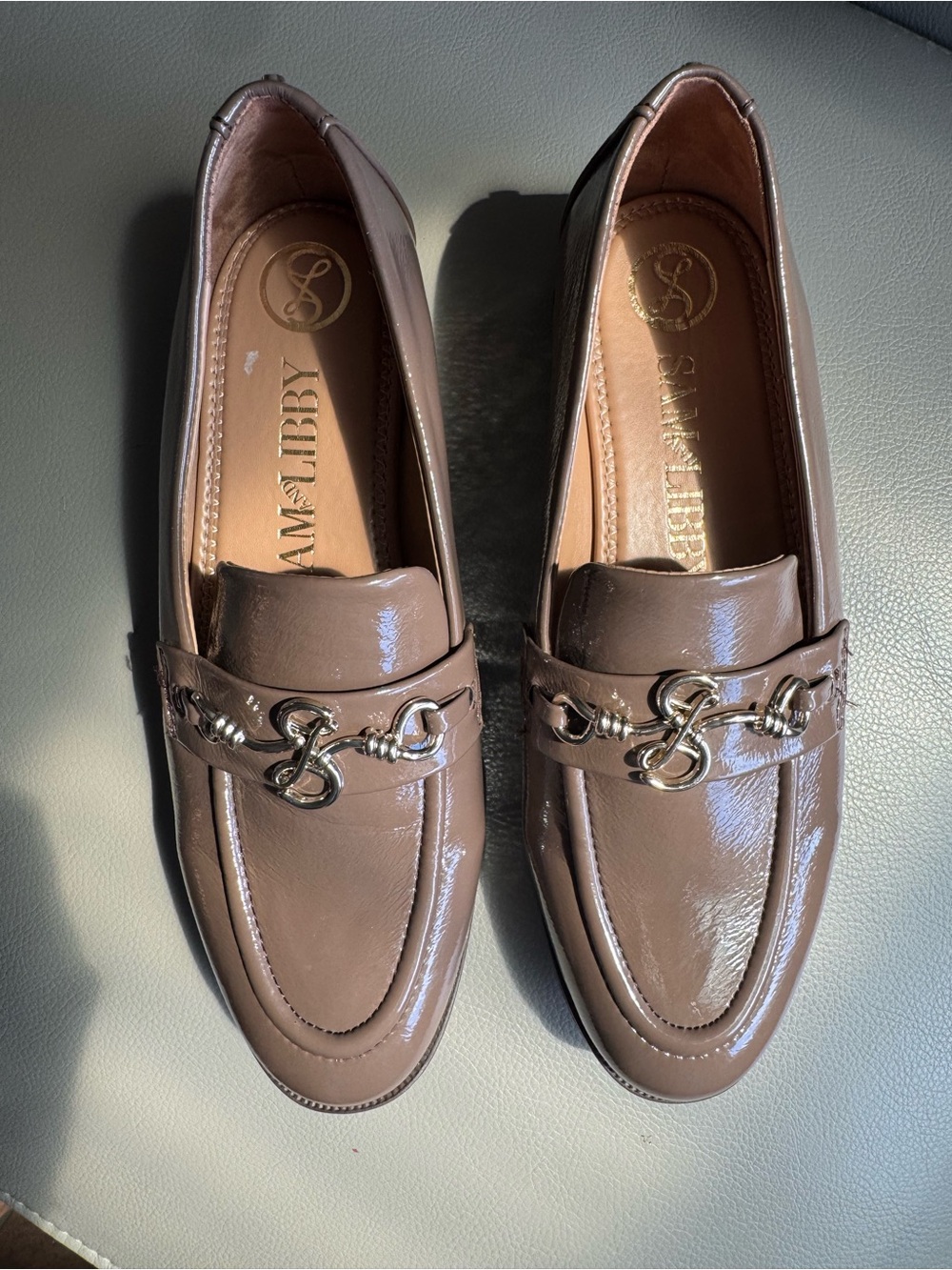 Sam & Libby Brown Patent Loafers with Gold Chain Accent